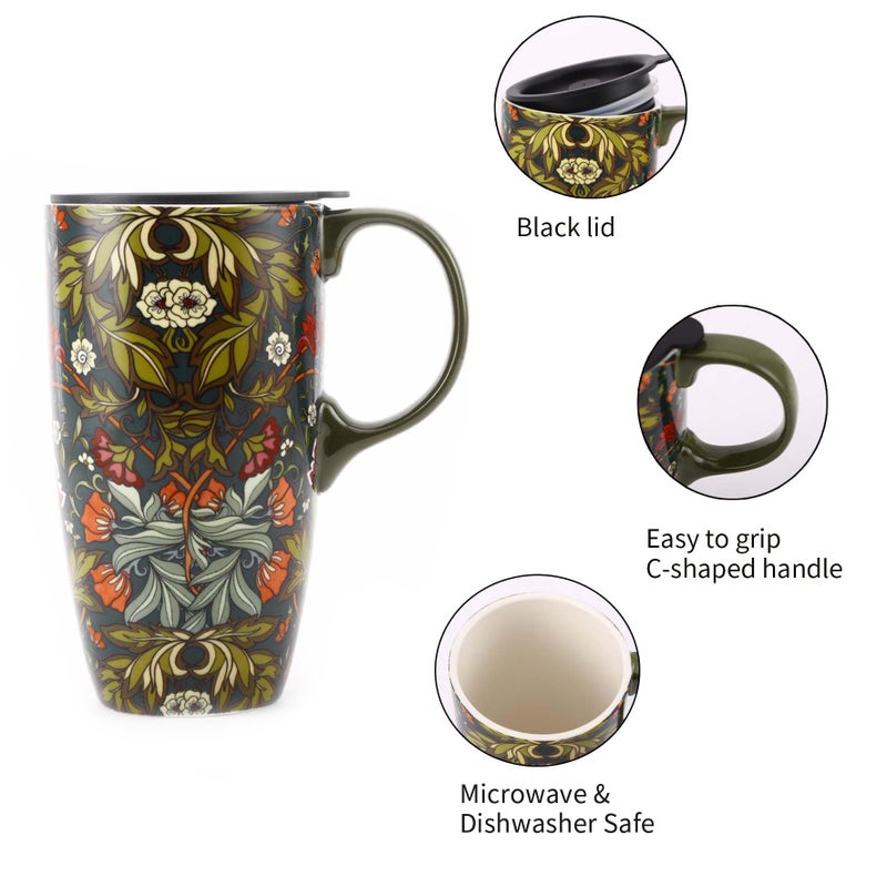 TZSSP Coffee Ceramic Mug Porcelain Latte Tea Cup With Lid 17oz. Green - Image 5